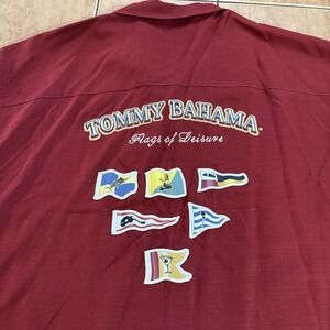 Tommy Bahama Flags of Leisure Red Silk Button Up Shirt Men's Sz XL Camp Collar